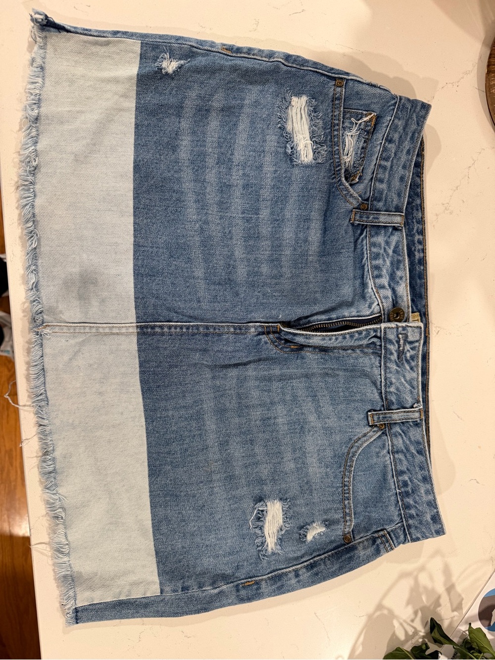 True Craft Two-Tone Light and Medium Blue Distressed Denim Mini Skirt